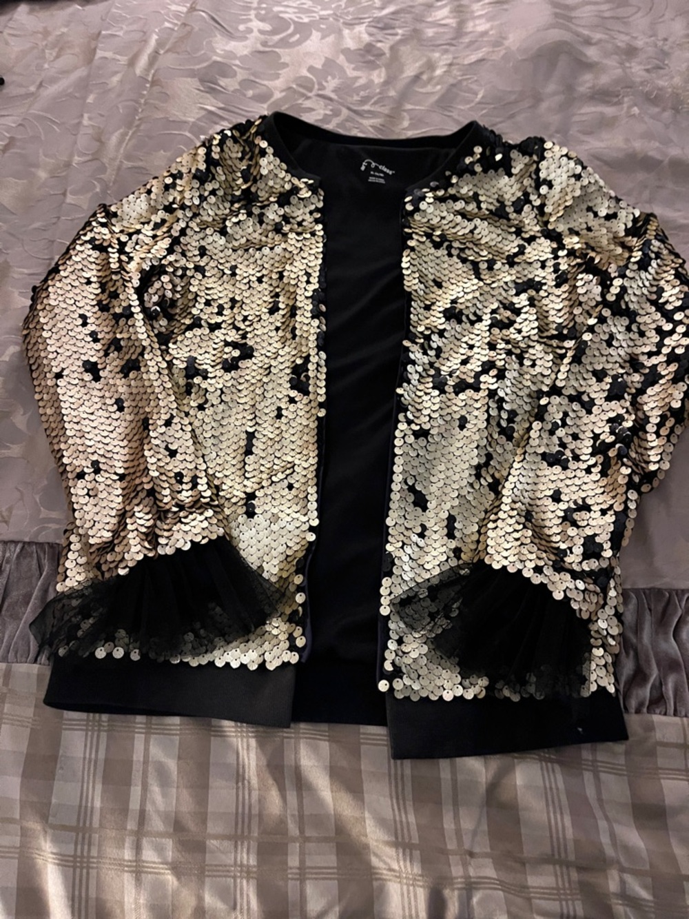 Gold Sequin Open Front Jacket with Black Trim